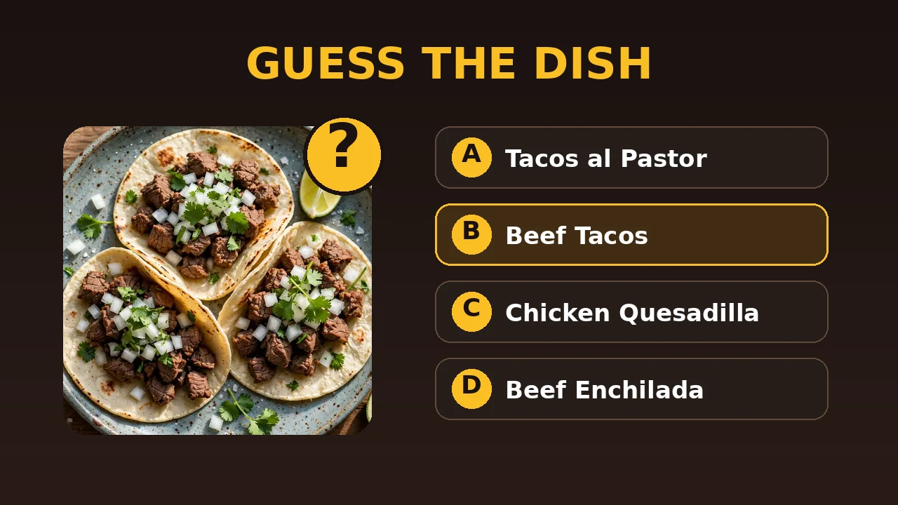 Food Quiz — name the dish, tap the ingredients, guess the calories